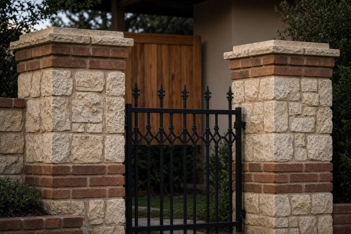 Limestone and brick columns with a black iron fence between them