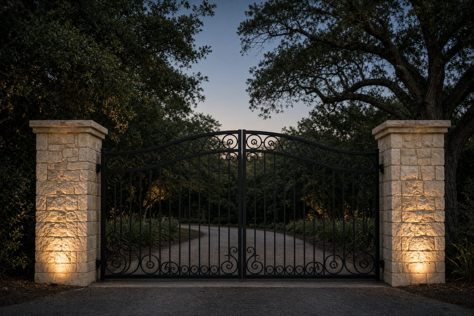 Black iron driveway gate between limestone columns at dusk