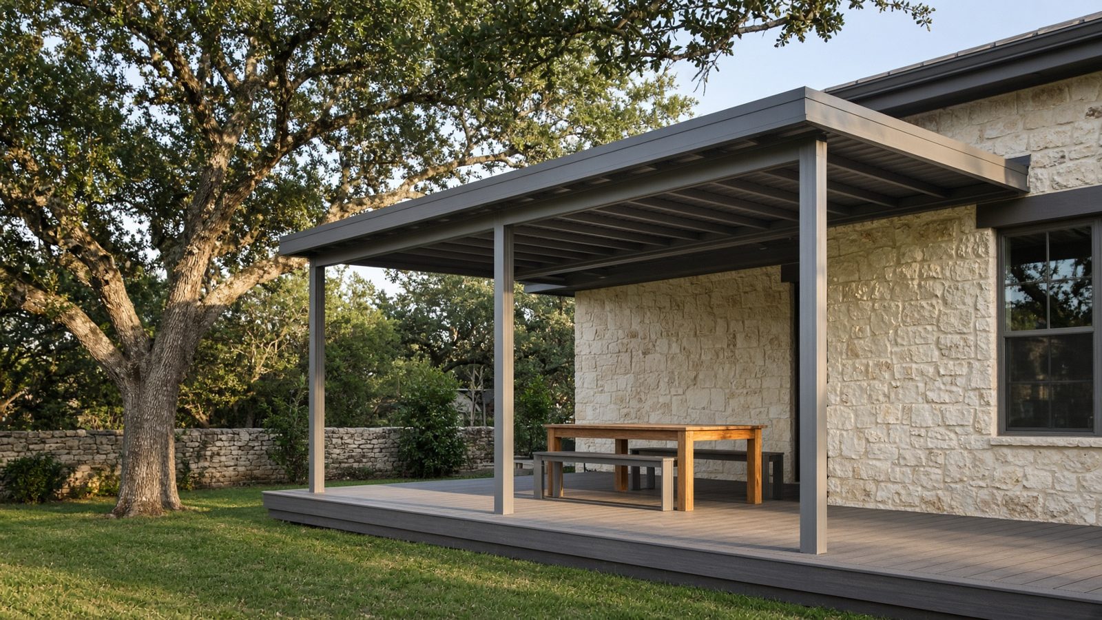 Aluminum patio cover over a deck beside a limestone Texas house