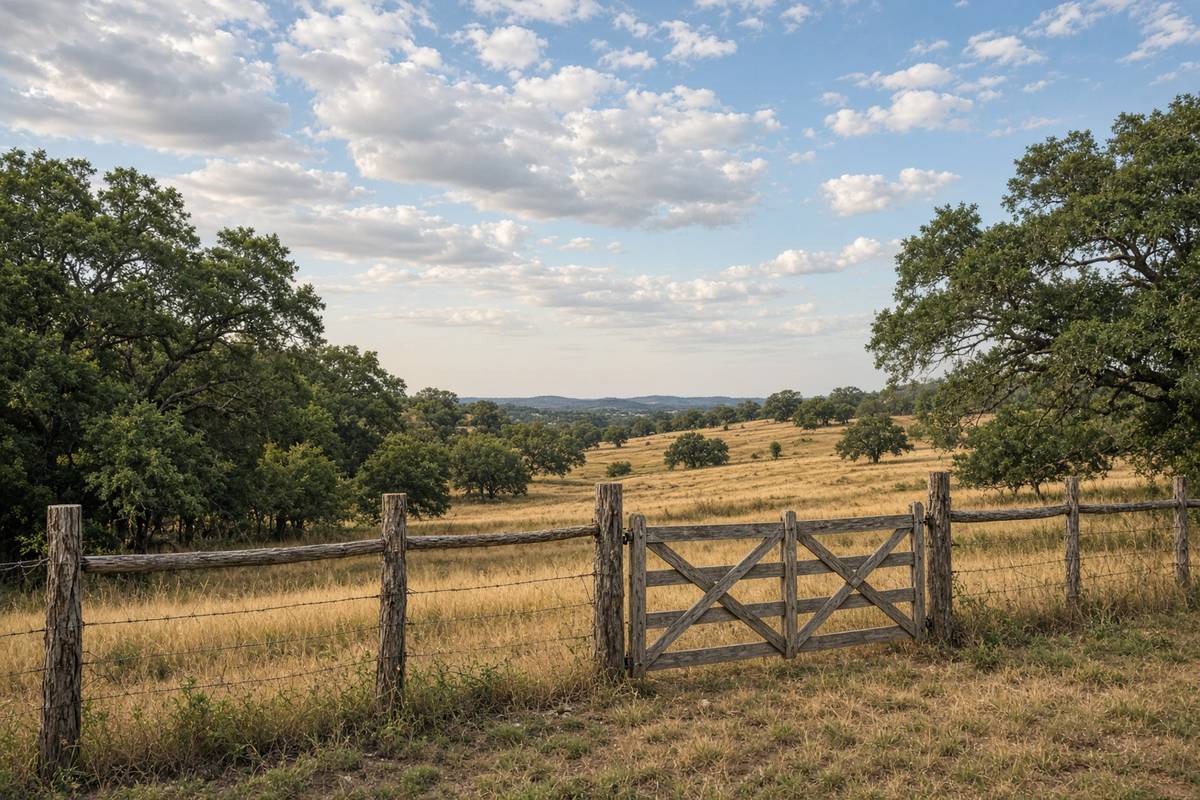 Cedar-post ranch fence and wooden gate on a Hill Country pasture