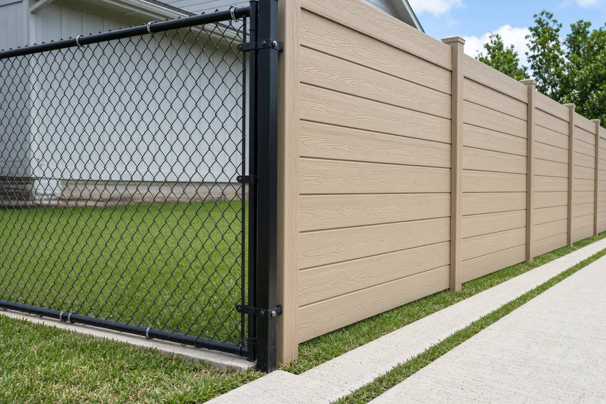 Light-colored vinyl fencing along a property